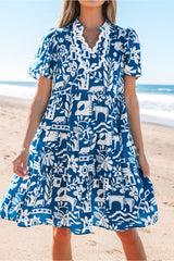 Blue Ricrac Trim Split Neck Floral Loose Dress Floral Dresses JT's Designer Fashion