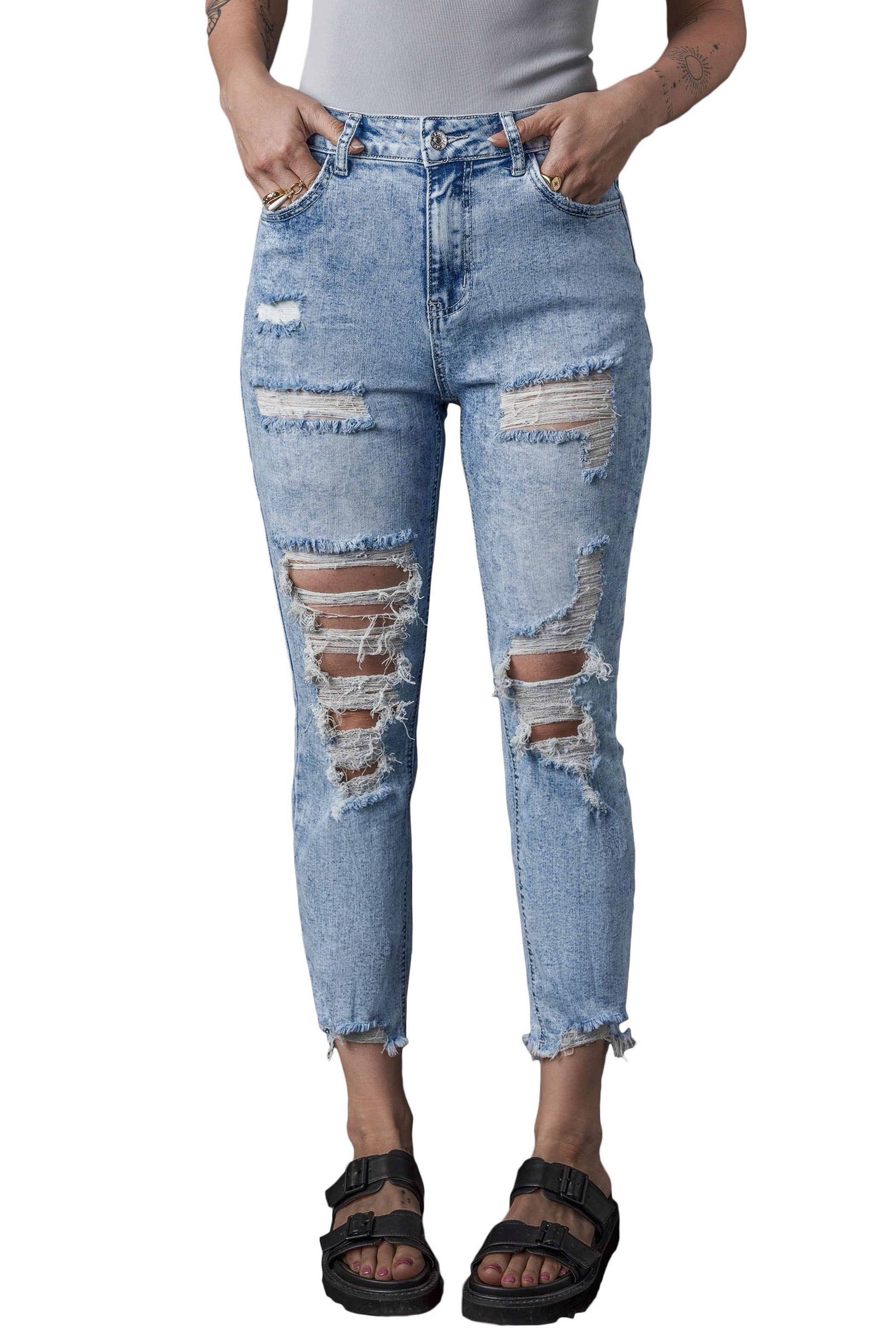 Sky Blue Acid Wash Distressed Slim Fit Jeans Jeans JT's Designer Fashion