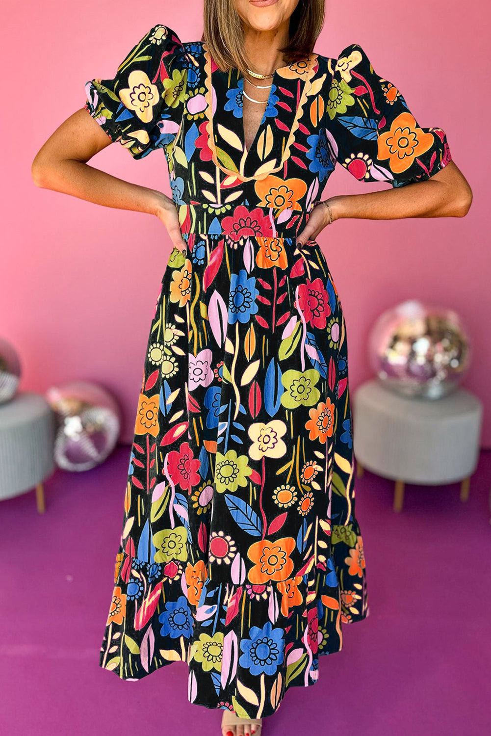 Black Retro Floral Printed Split Neck Maxi Dress Dresses JT's Designer Fashion