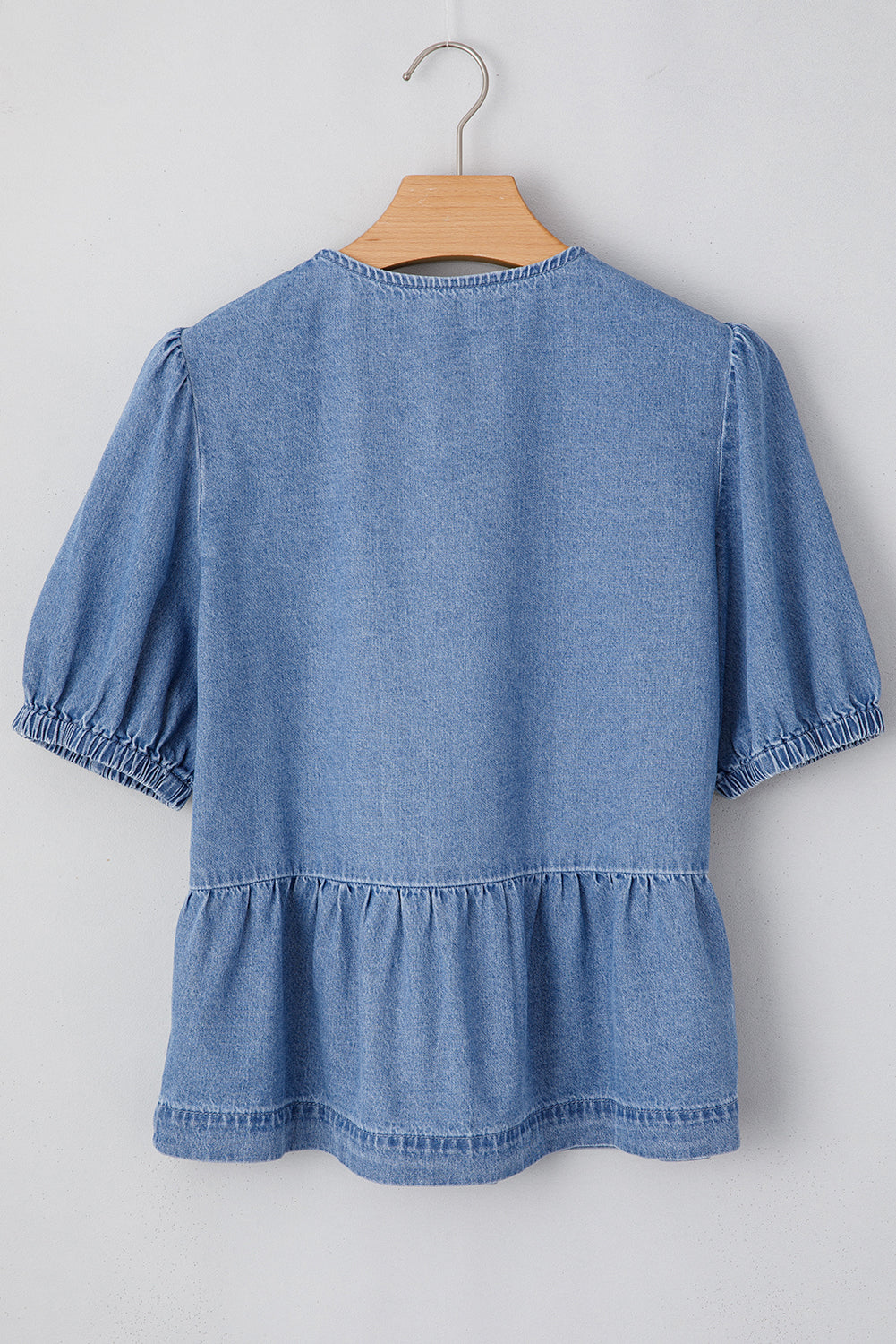 Dusk Blue Tied Front Bubble Sleeve Peplum Denim Shirt Blouses & Shirts JT's Designer Fashion