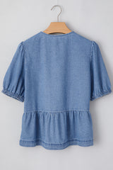 Dusk Blue Tied Front Bubble Sleeve Peplum Denim Shirt Blouses & Shirts JT's Designer Fashion