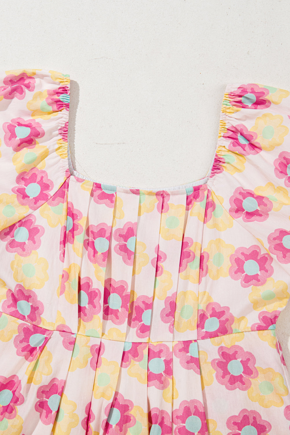Rose Vibrant Floral Square Neck Puff Sleeve Pleated Flared Midi Dress Floral Dresses JT's Designer Fashion