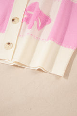 Pink Bowknot Checkered Pattern V Neck Drop Shoulder Button Up Cardigan Cardigans JT's Designer Fashion