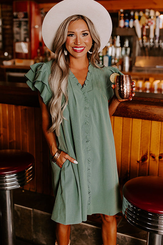 Mist Green Ruffle Sleeve V Neck Frilled Shift Dress Dresses JT's Designer Fashion