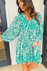 Green Bohemian Print Puff Sleeve Tied V Neck Flared Mini Dress Mini Dresses JT's Designer Fashion