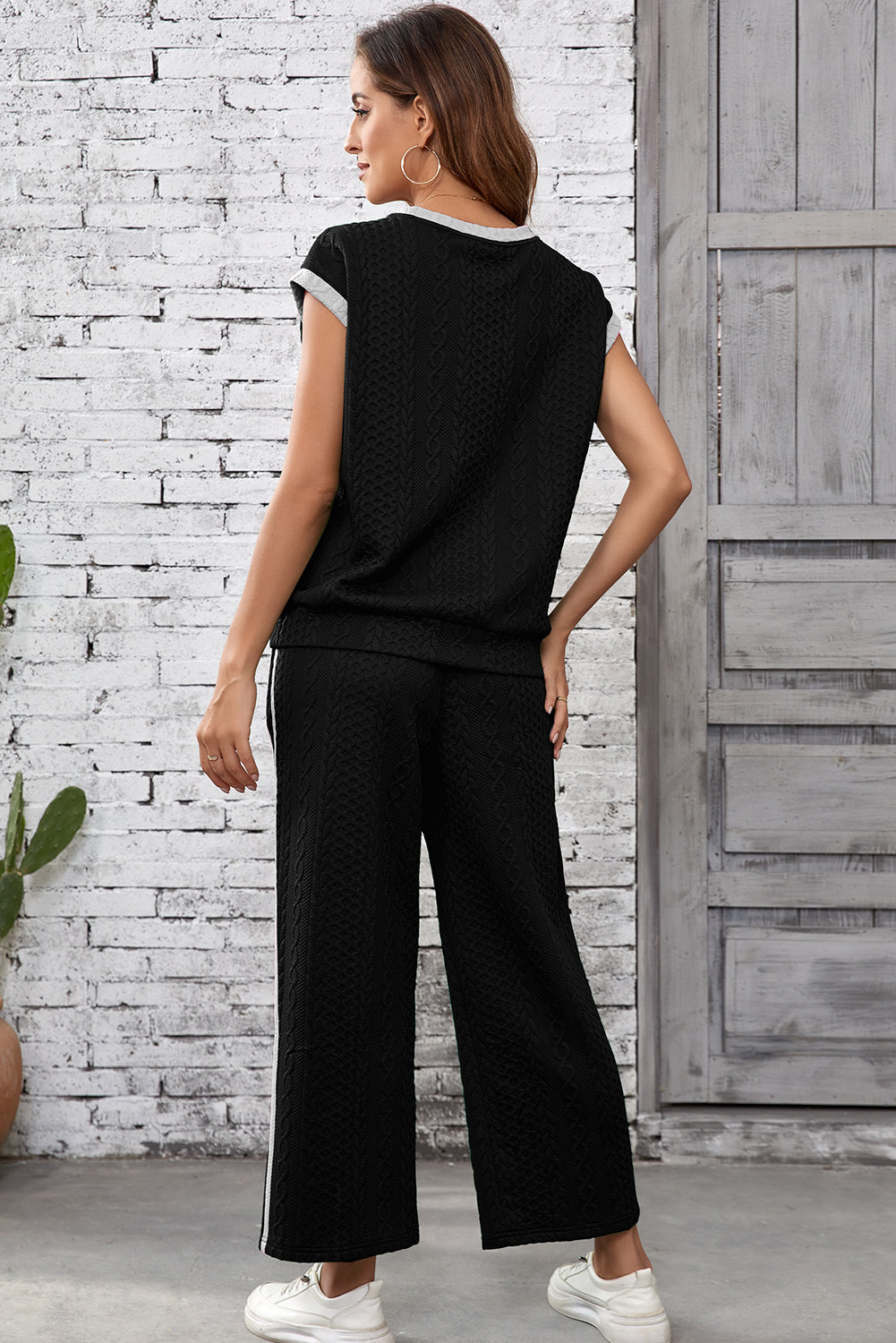 Black Cable Knit Contrast Trim Short Sleeve Top and Pants Set Pant Sets JT's Designer Fashion