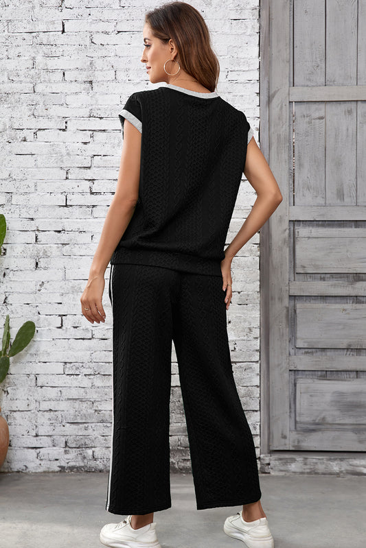 Black Cable Knit Contrast Trim Short Sleeve Top and Pants Set Pant Sets JT's Designer Fashion
