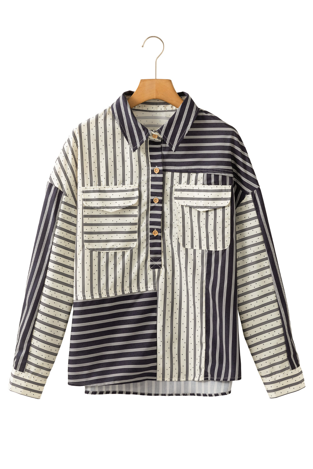 Black Stripe 2-tone Patchwork Half Buttons Chest Pockets Casual Blouse Blouses & Shirts JT's Designer Fashion
