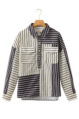 Black Stripe 2-tone Patchwork Half Buttons Chest Pockets Casual Blouse Blouses & Shirts JT's Designer Fashion
