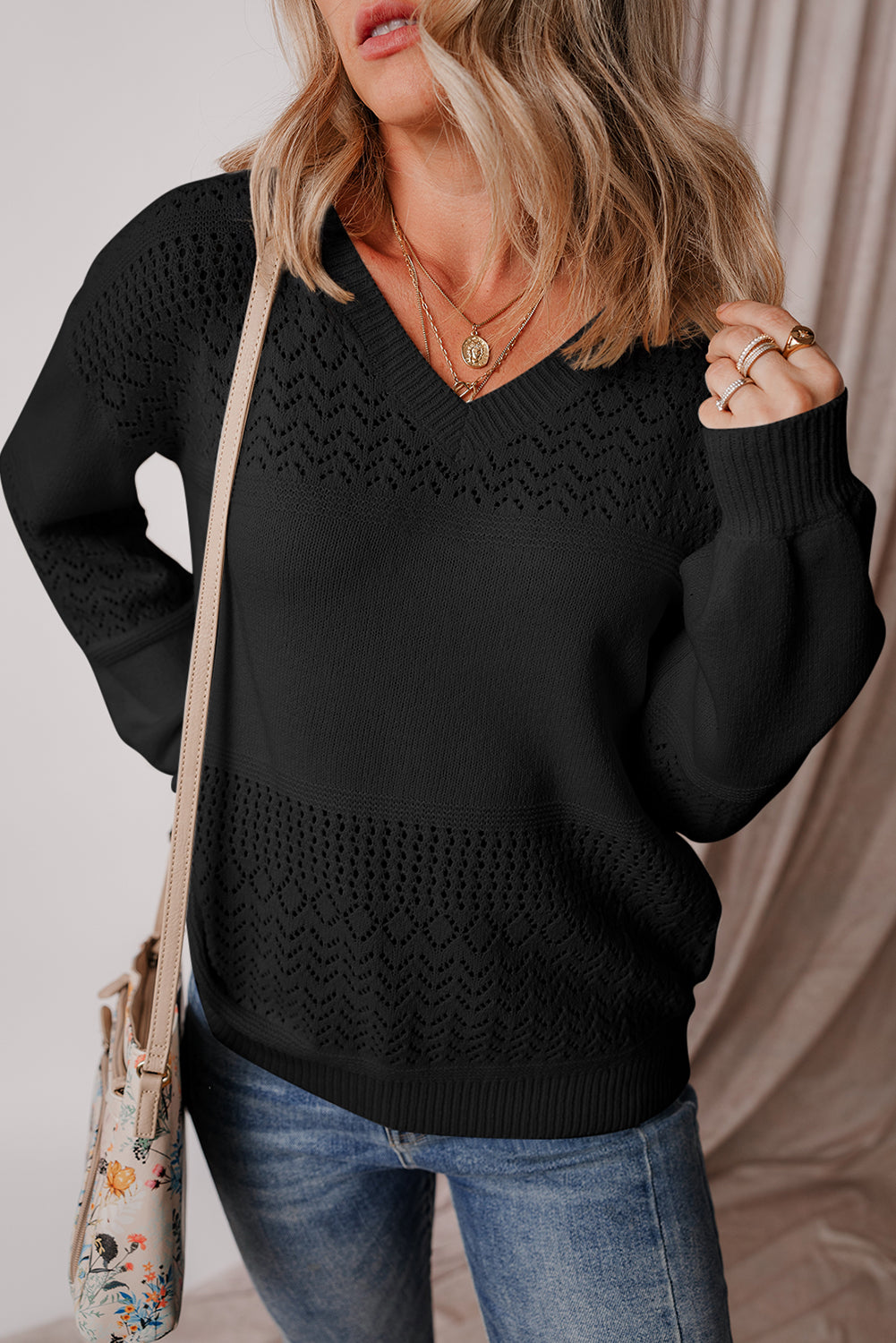 Black Eyelet Pattern Detail V Neck Drop Shoulder Sweater Sweaters JT's Designer Fashion