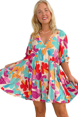 Rose Red Floral Bubble Sleeve V Neck Tiered Ruffle Babydoll Dress Floral Dresses JT's Designer Fashion