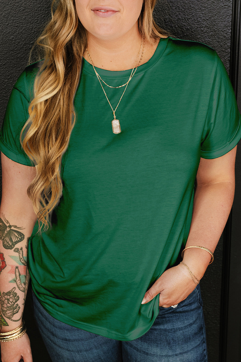 Dark Green Round Neck Rolled Sleeve Plus Size T-shirt Dark Green 65%Polyester+30%Viscose+5%Elastane Plus Size Tops & Tees JT's Designer Fashion