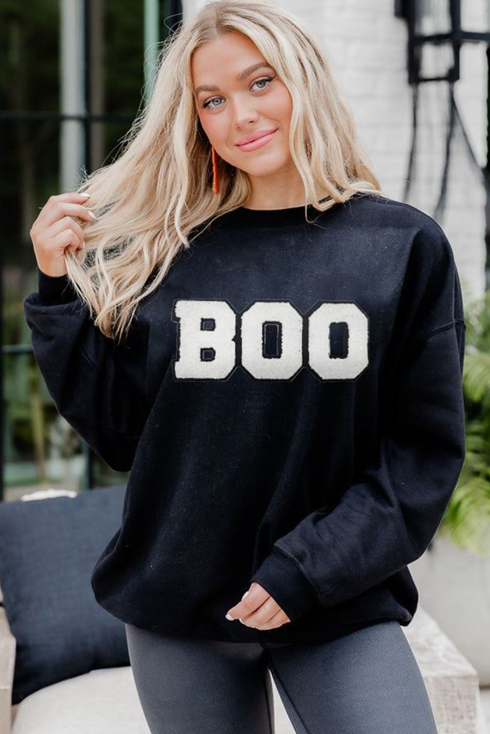 Black Chenille BOO Patched Pattern Crewneck Halloween Sweatshirt Graphic Sweatshirts JT's Designer Fashion
