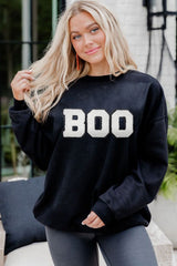 Black Chenille BOO Patched Pattern Crewneck Halloween Sweatshirt Graphic Sweatshirts JT's Designer Fashion