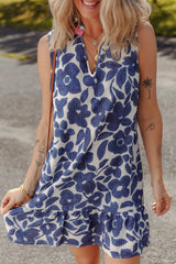 Blue Floral Sleeveless Colorblock Notched V Neck Mini Dress Mini Dresses JT's Designer Fashion