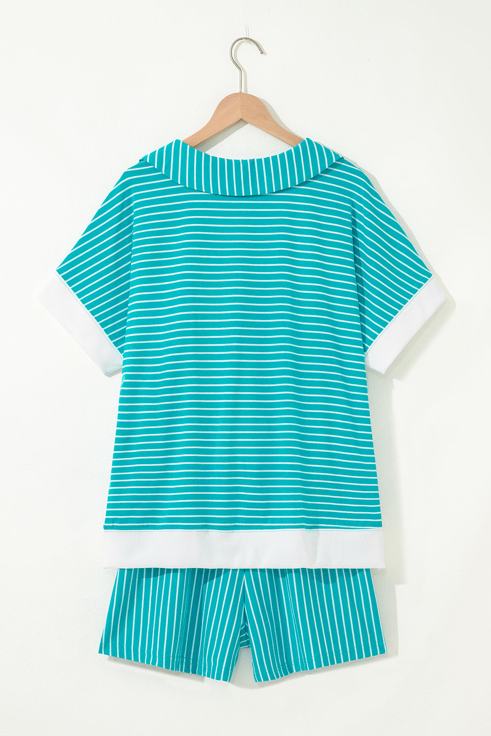 Sky Blue Stripe V Neck Tee and Casual Short Set Short Sets JT's Designer Fashion