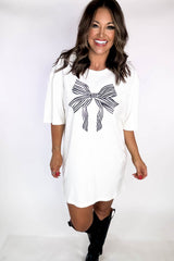 White Striped Bow Knot Half Sleeve Tunic T Shirt Graphic Tees JT's Designer Fashion