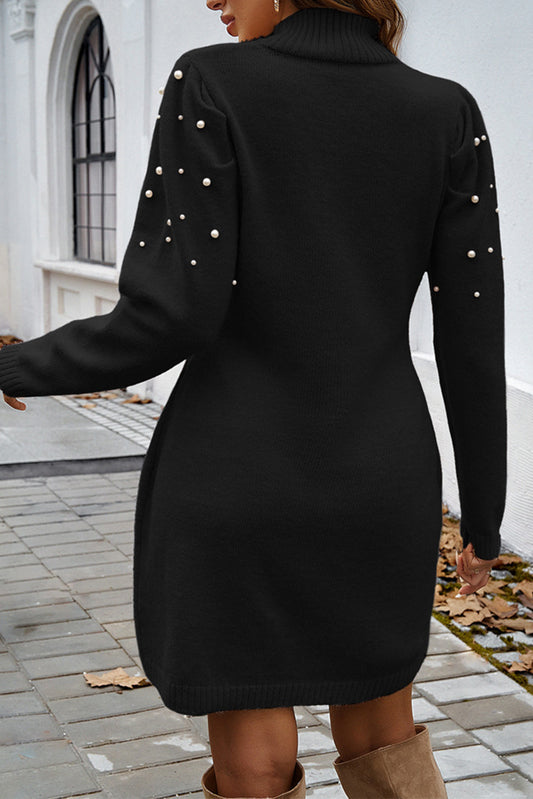 Black Pearl Beaded High Neck Bodycon Sweater Dress Sweaters JT's Designer Fashion