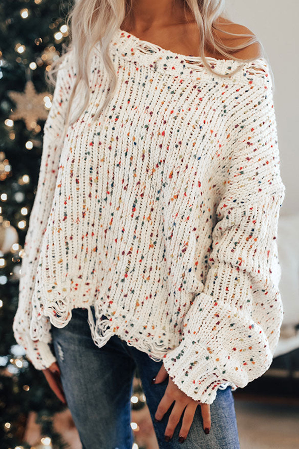 White Colorful Confetti Distressed Knit Sweater Sweaters JT's Designer Fashion