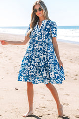 Blue Ricrac Trim Split Neck Floral Loose Dress Floral Dresses JT's Designer Fashion