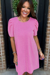 Bright Pink Corded Knit Crew Neck Puff Sleeve Shift Mini Dress T Shirt Dresses JT's Designer Fashion