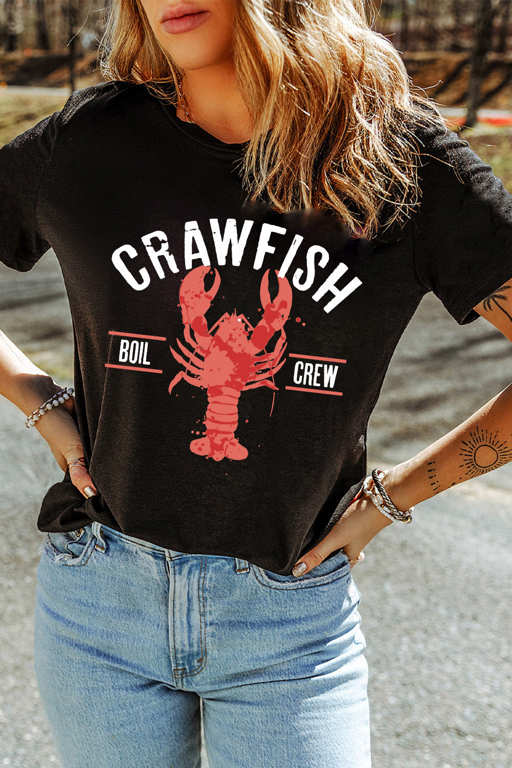 Black CRAWFISH BOIL CREW Distressed Letter Graphic T Shirt Graphic Tees JT's Designer Fashion