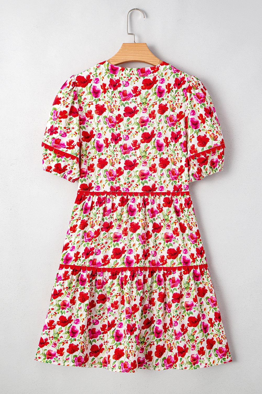 Red Floral Puff Sleeve Tiered Ric Rac Pocketed Mini Dress Floral Dresses JT's Designer Fashion