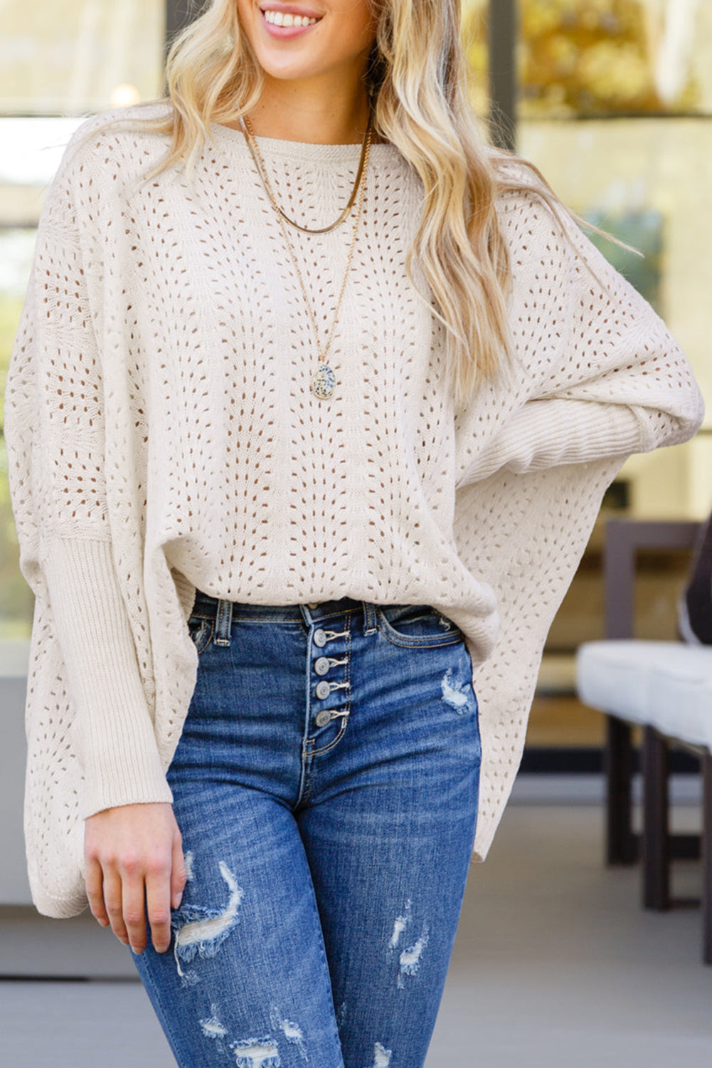Beige Ribbed Hollow Knit Dolman Sleeve Sweater Sweaters & Cardigans JT's Designer Fashion