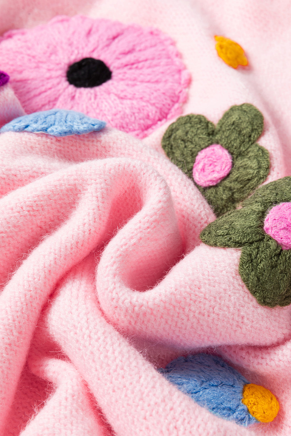 Pink Knitted Flower Pattern Ribbed Edge Sweater Sweaters JT's Designer Fashion