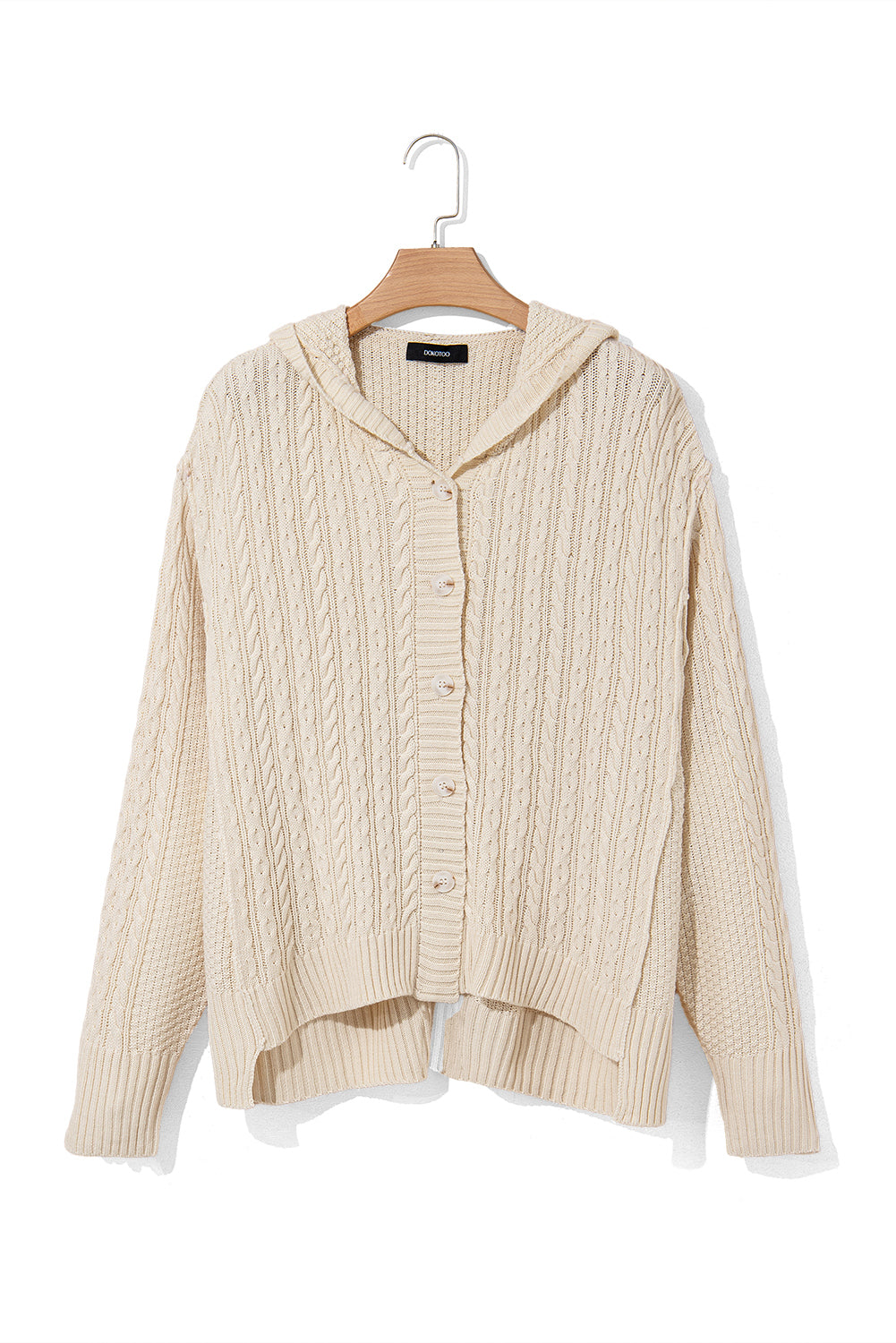 White Cable Knit Texture Uneven Hem Hooded Chic Cardigan Cardigans JT's Designer Fashion