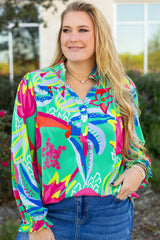 Green Abstract Printed Flounce Sleeve V Neck Buttoned Plus Size Blouse Green 100%Polyester Plus Size Blouses & Shirts JT's Designer Fashion