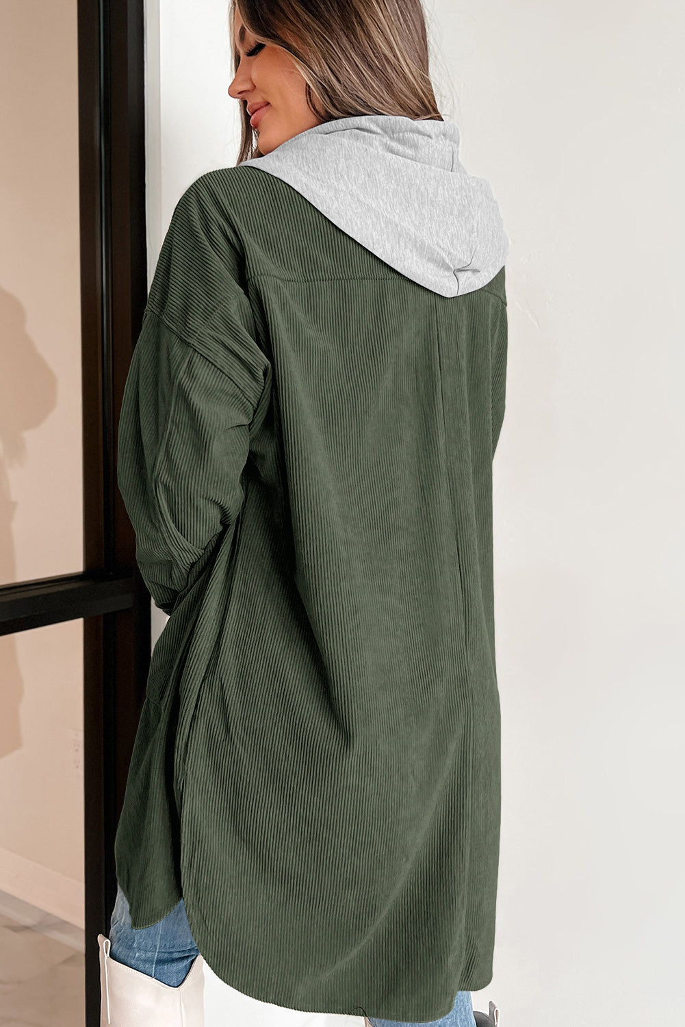 Jungle Green Oversized Corduroy Contrast Hooded Shacket Jackets JT's Designer Fashion