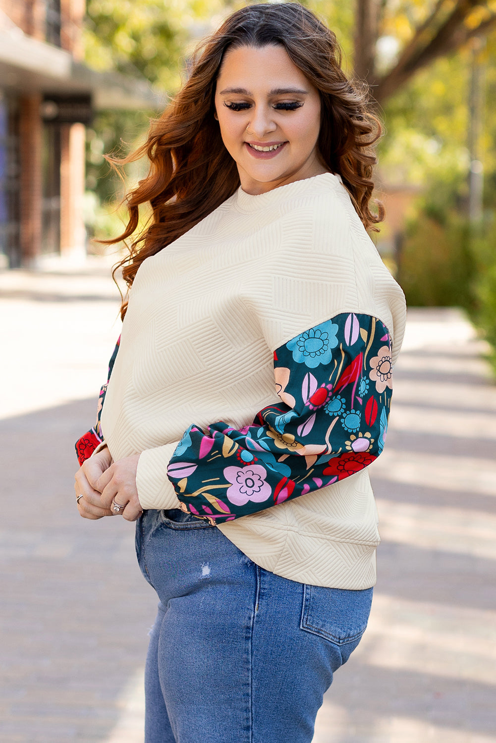 White Floral Patchwork Sleeve Textured Plus Size Pullover Top Plus Size Long Sleeve Tops JT's Designer Fashion