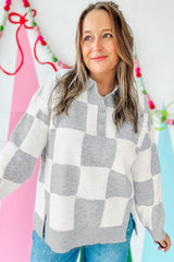 Gray Plus Size Checkered Pattern Button Polo Collar Split Sweater Plus Size Sweaters & Cardigans JT's Designer Fashion