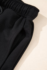 Black Textured Half Zip Kangaroo Pocket Top Drawstring Shorts Set Short Sets JT's Designer Fashion