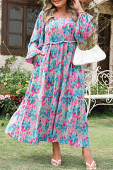 Sky Blue Floral Allover Print Shirred Square Neck Plus Size Maxi Dress Plus Size Maxi Dresses JT's Designer Fashion