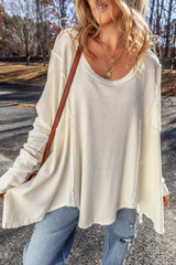 White Waffle Knit Exposed Seam V Neck Oversized Top Long Sleeve Tops JT's Designer Fashion