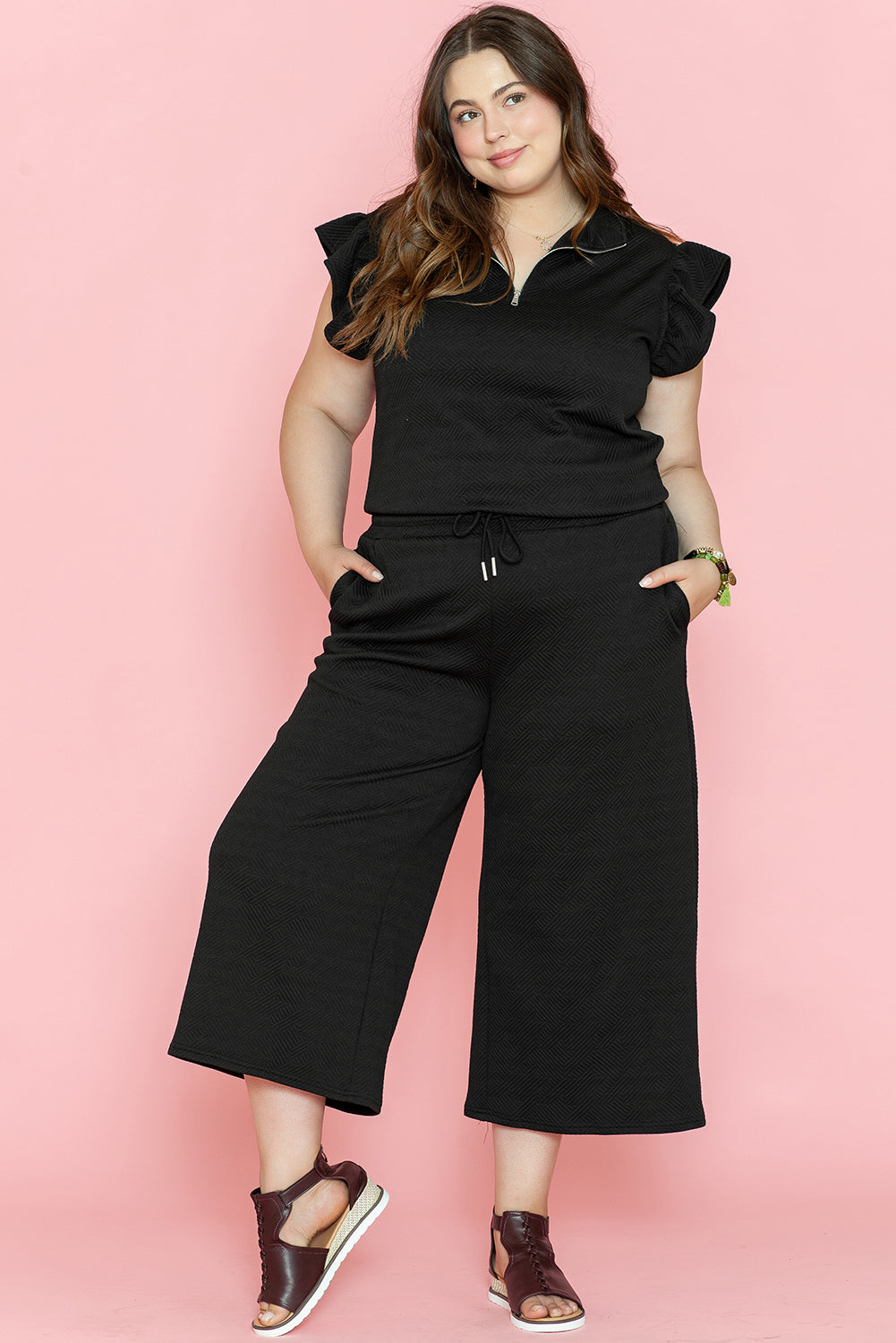 Black Plus Ruffled Sleeve Quarter Zip Top Wide Leg Pants Set Black 95%Polyester+5%Elastane Plus Size Bottoms JT's Designer Fashion