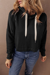 Black Solid Drop Shoulder Drawstring Cropped Hoodie Sweatshirts & Hoodies JT's Designer Fashion