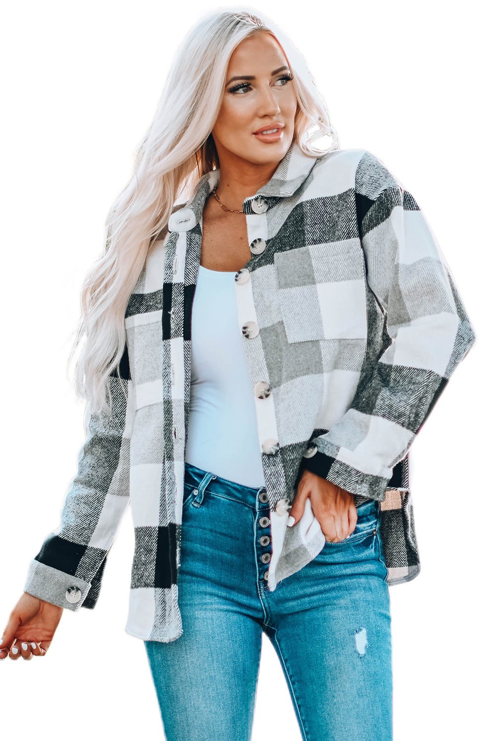 Gray Plaid Color Block Buttoned Long Sleeve Jacket with Pocket Plaid Shackets JT's Designer Fashion
