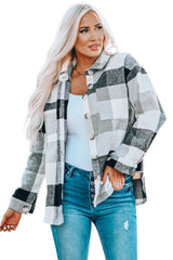 Gray Plaid Color Block Buttoned Long Sleeve Jacket with Pocket Plaid Shackets JT's Designer Fashion
