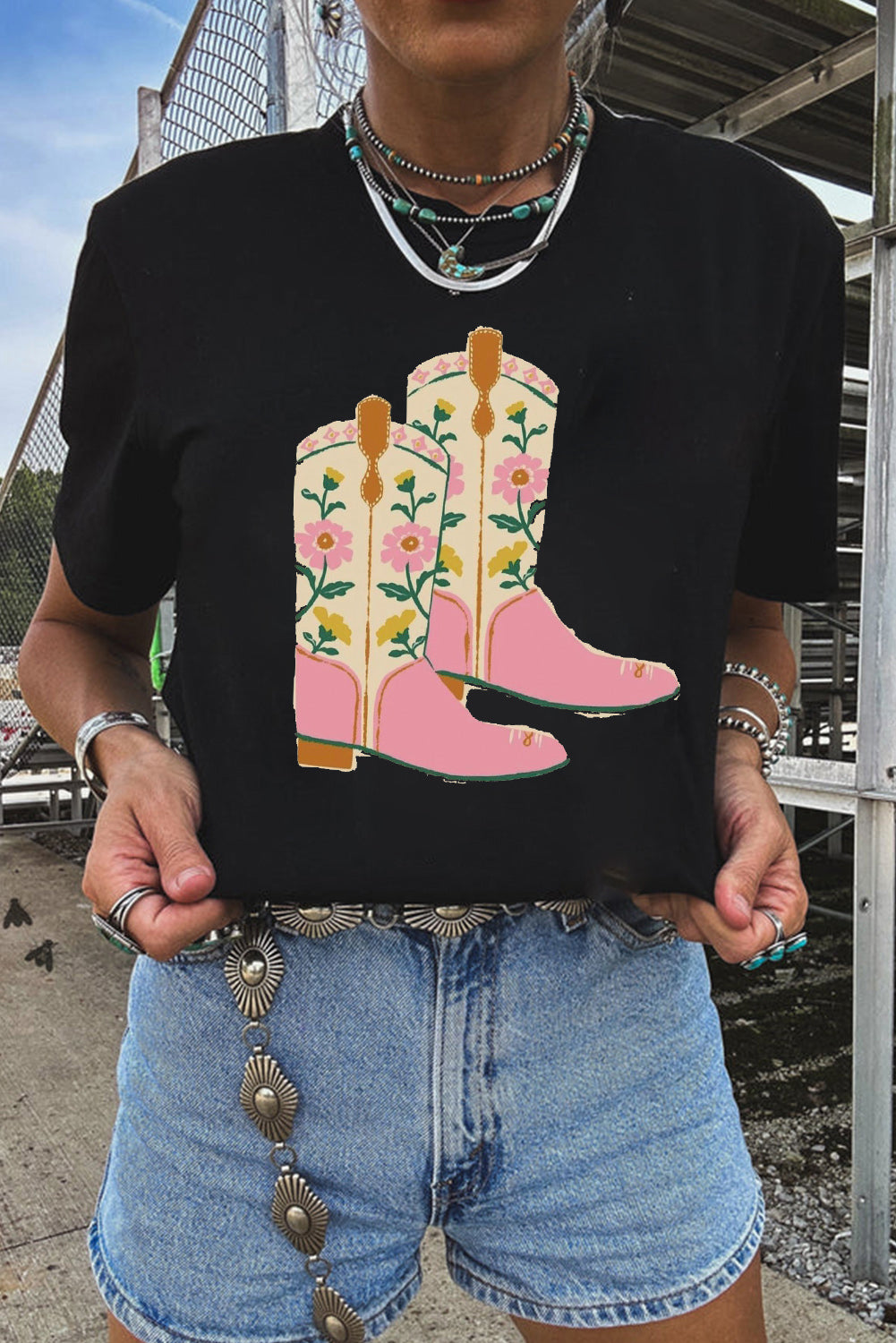 Black Floral Cowgirl Boots Cotton Blend T Shirt Graphic Tees JT's Designer Fashion