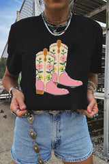 Black Floral Cowgirl Boots Cotton Blend T Shirt Graphic Tees JT's Designer Fashion
