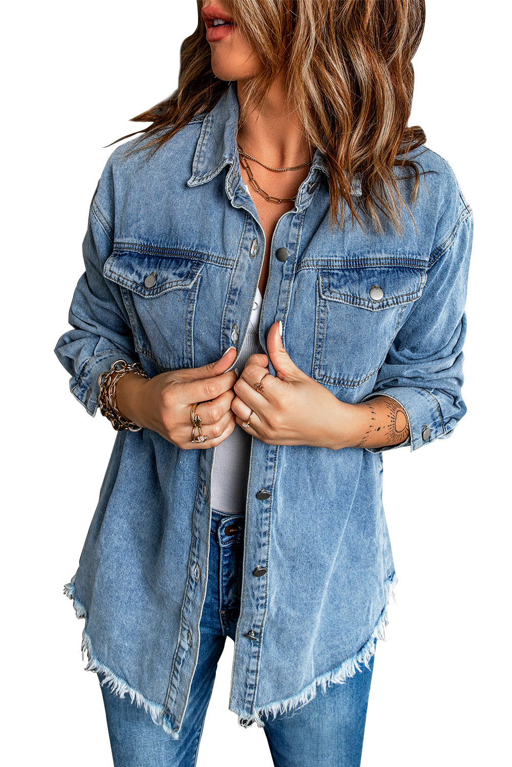 Sky Blue Pocket Raw Hem Buttoned Denim Jacket Denim Jackets JT's Designer Fashion