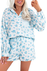 Sky Blue Floral Striped Print Contrast Patched Pocket Shirt and Shorts Set Short Sets JT's Designer Fashion