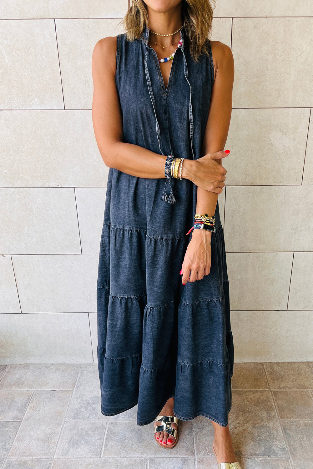 Real Teal Sleeveless Tiered Chambray Maxi Dress Dresses JT's Designer Fashion