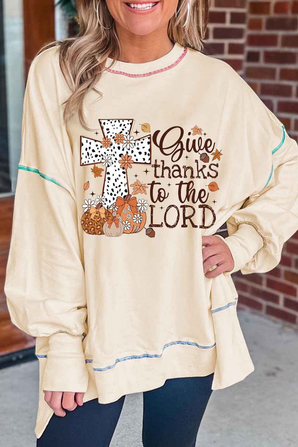 White Give Thanks to the LORD Graphic High Low Hem Loose Sweatshirt White 50%Polyester+50%Cotton Graphic Sweatshirts JT's Designer Fashion