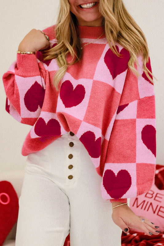 Pink Plus Size Love Heart Block Mock Neck Lantern Sleeve Valentine Sweater Pink 50%Viscose+28%Polyester+22%Polyamide Plus Size Sweaters & Cardigans JT's Designer Fashion