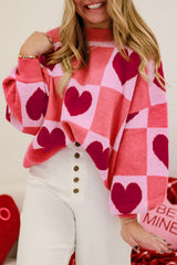 Pink Plus Size Love Heart Block Mock Neck Lantern Sleeve Valentine Sweater Pink 50%Viscose+28%Polyester+22%Polyamide Plus Size Sweaters & Cardigans JT's Designer Fashion