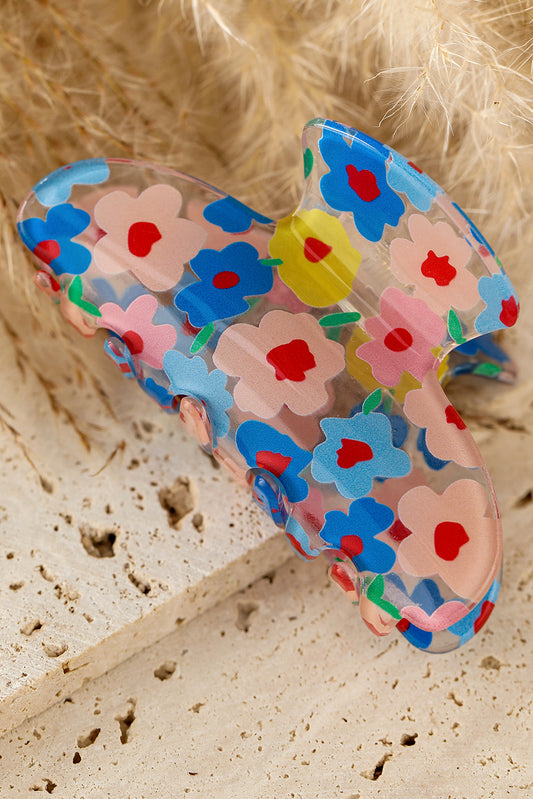 Light Blue Vibrant Flower Print Transparent PVC Hair Clip Headwear JT's Designer Fashion